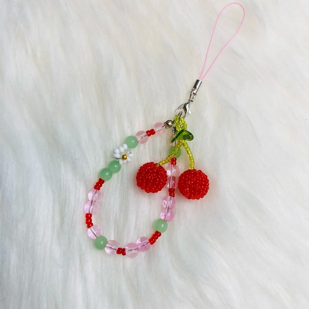Red Cherry Phone charm Beaded Key Fob agenda Charm Kawaii new birthday gift